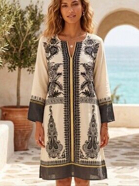 Cream & Black Embroidered Tunic Dress Sz M